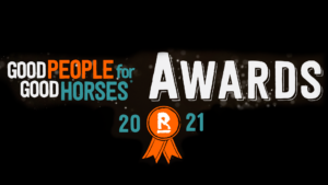 orange blue and white logo for good people for good horses award